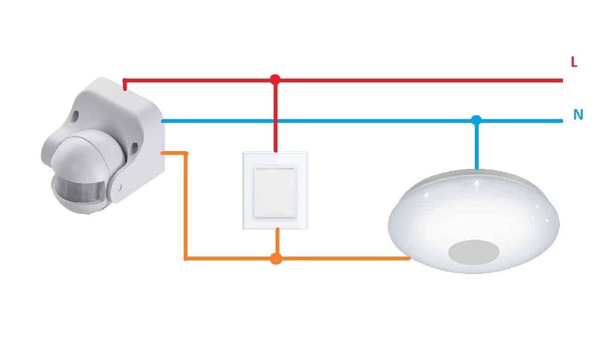Схема подключения светильника с датчиком движения через выключатель