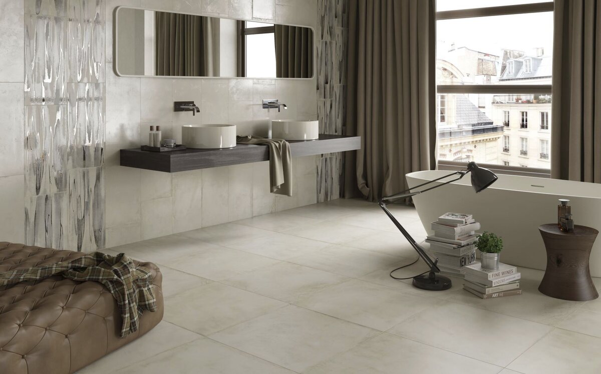                                       Бежевая плитка из керамогранита в ванной