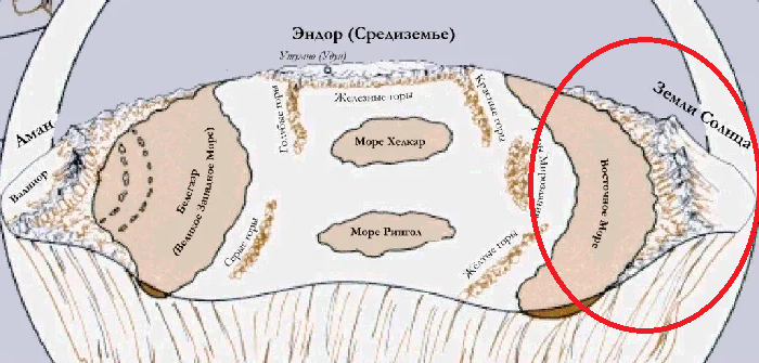 Земли Солнца после первой войны с Мелькором (обведены красным). Фото взято из "Атласа Средиземья" Каренн Винн Фонстад.