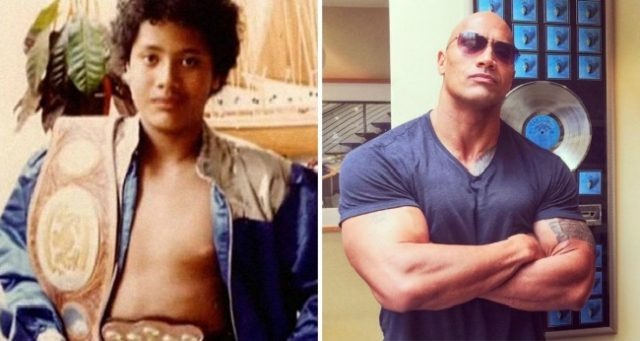 1. Дуэйн Джонсон 
В детском возрасте Джонсон имел лишний вес и у него была забавная стрижка, но сейчас он совершенно другой человек.
