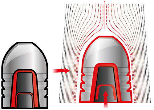 Под давлением пороховых газов специальный стаканчик внутри "юбки" давил на стенки, вынуждая их расширяться