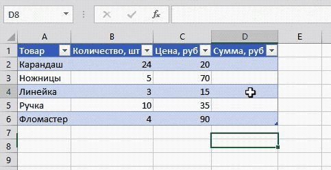 Вставка формулы в столбец
