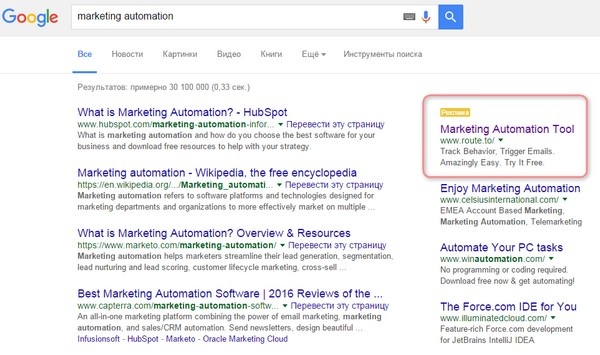 Реклама сервиса автоматизации маркетинга Route в поисковой выдаче