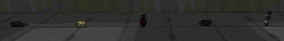 Слева направо: Чернодырная граната, газовая граната, огненная граната, ледяная граната, обычная граната 