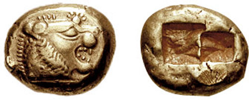  Лидийская монета из электрума. Начало 6 века до н.э.Classical Numismatic Group, Inc. http://www.cngcoins.com, CC BY-SA 3.0 <http://creativecommons.org/licenses/by-sa/3.0/>, via Wikimedia Commons