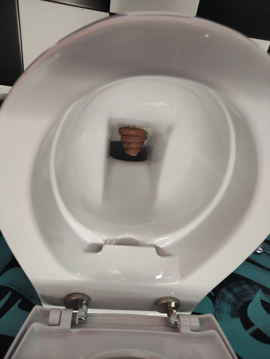 Унитаз подвешен в потолку. А в нём вот такая пикантная деталь.