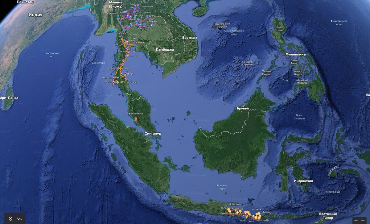карта трипа. фиолетовый трек- север Тая, красный- Индонезия, оранжевый -центр и юго-запад Тая. + Бангкок с Аюттаей и Куала-Лумпур