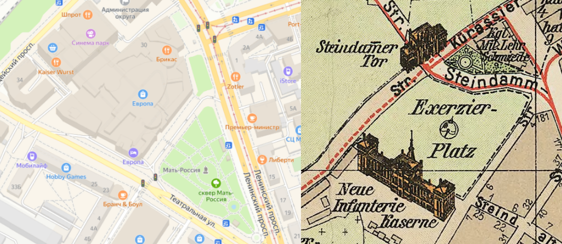 Карты Калининграда и Кёнигсберга с расположением казарм и плаца. 
