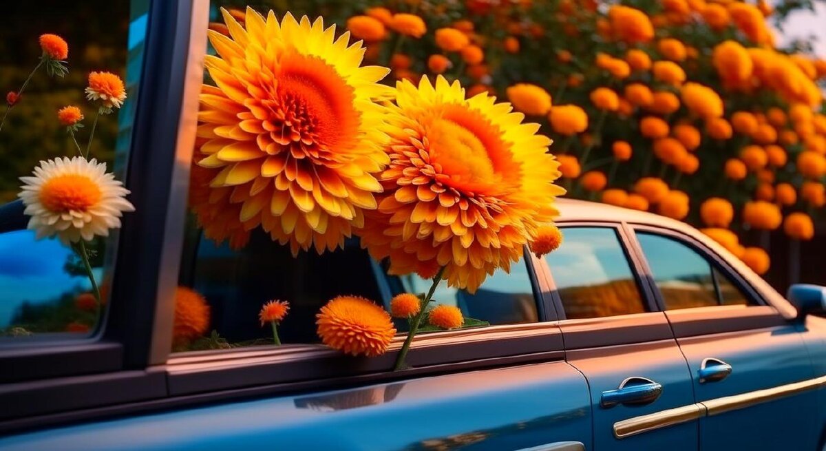 Забавный Кандинский так видит путь хризантем, летящих из машины