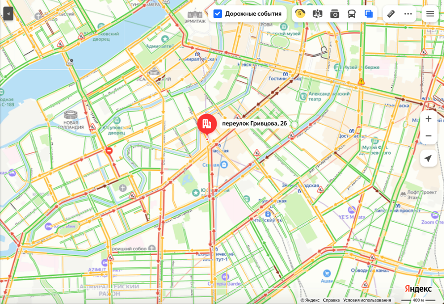    Ситуация на дорогах в центре Петербурга после поломки и возгорания светофора в переулке Гривцова, 14.09.2023. Автор фото: "Яндекс.Пробки"