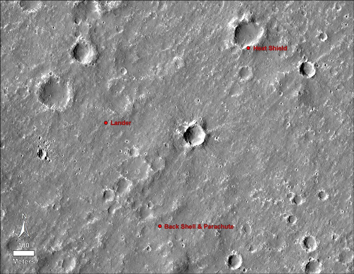 Расположение аппарата InSight (Lander), теплового щита (Heat Shield), парашюта и задней крышки (Back Shield & Parachute). NASA/JPL-Caltech/University of Arizona