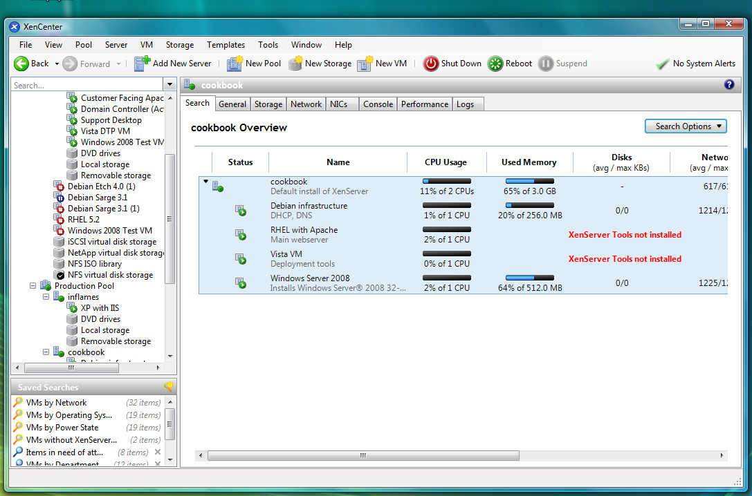 Следующая статья будет об интересном продукте Citrix XenServer. C чего все началось.
Началось все с того, что я пришел в школу с полным хаосом в сети, в качестве серверов скопилось много десктоповых машин на которых крутились различные сервисы (подарки от прошлых коллег, каждый по моему добавлял свой).
В итоге на разных компьютерах работали:
1. Kaspersky Administration Kit
2. Courier Mail Server
3. UserGate 2.8
4. FreeBSD (который пытался выполнять роль шлюза и маршрутизатора)
5. Ubuntu Server в качестве файловой помойки к которому пытались прикрутить все что только можно.
Все это крутилось на различных машинах по 1-2 сервиса. Сами машины начинали потихоньку отмирать.
Планирование
Было принято решение виртуализировать все эти сервисы, чтобы:
1. Уменьшить количество физических машин. Я считаю — лучше одну получше, чем кучу каких нибудь.
2. Упрощение управления сервисами.
3. Рациональное управление ресурсами.
Денег как всегда не дали. Что делать...
Нашлась машина с такой конфигурацией:
Intel core i3 \ 4gb RAM \ 120Gb \ 2 сетевые карточки (1 интегрированная в мат плату, вторая PCI)
Собственно дальше стоял выбор за платформой для виртуализации:
1. Vmware Esxi
2. Citrix XenServer 5.0
3. Microsoft Hyper-V 
Так как одной из поставленных передо мной задач стоит максимальный переход на свободно распространяемое ПО, то выбор был сделан в пользу Citrix XenServer. Можно конечно использовать Linux + Xen. Но я решил избавить себя от лишних проблем и шаманских плясок, поставив готовое (к тому же бесплатное) решение от Citrix. "Кроссплатформенный гипервизор, разработанный в компьютерной лаборатории Кембриджского университета и распространяемый на условиях лицензии GPL. Основные особенности: поддержка режима паравиртуализации помимо аппаратной виртуализации, минимальность кода самого гипервизора за счёт выноса максимального количества компонентов за пределы гипервизора. Википедия"
Установка
Собственно зайдя на сайт https://xenserver.org/overview-xenserver-open-source-virtualization/download.html и зарегистрировавшись, вы получаете доступ к скачиванию дистрибутива. Качать лучше сразу все: и дистрибутив и все доп. пакеты которые там имеются. Так же там же на сайте можно скачать Citrix Xen Center как средство централизованного администрирования для мониторинга и управления.
Далее собственно установка. Установка не выдала ничего сложного. Тем кто хоть раз устанавливал Linux ничего страшного ожидать не стоит. Прописываются сетевые адреса для управления сервером и по сути настройка на этом заканчивается.
На своей машине устанавливаем консоль управления Citrix Xen Center. Установка тоже совершенно простая и занимает не более 10 минут. Ну собственно и все - установка на этом заканчивается. А более подробной настройке расскажу в дальнейшем.
Эксплуатация
1. Первым делом было решено перенести KIT, т.к. машина на которой они крутились совсем уже отмирала. В качестве платформы решено было использовать Windows Server 2003 (лицензия на который была куплена еще в далекие времена и не была использована). 
Ну собственно создание виртуальной машины и установка на нее ОС тоже не представляет ничего сложно. Нужно только знать сколько выдать VM оперативной памяти, жесткого диска, сетевых ресурсов. Устанавливается ОС в обычном порядке. И далее разворачиваются сервисы.
2. Вторым было решено, в качестве эксперимента,  перенести прокси-сервер UserGate. Работа UserGate меня не устраивала. В дальнейшем он был заменен на opensource решение, крутящееся на linux. (об этом я напишу в отдельном посте). Тут возникли некоторые сложности т.к. надо было добавить еще 2 сетевые карточки. О добавление сетевых карт в сервер виртуализации тоже будет отдельный пост.
3. Последним на сегодняшний день был перенесен Courier Mail Server. На Windows 7. Но этот сервис доживает свои дни и скоро будет выведен из эксплуатации.
Остальные сервисы ждут пока своей очереди и в скором времени так же будут перенесены.
Стоит так же упомянуть о количестве оперативной памяти выдаваемой VM. Это наверное самое трудно определяемые параметр. 
Поступил я так. Выдал по гигабайту на каждую виртуалку а потом урезал и смотрел чтобы был некий запас в 20-30% для пиковой нагрузки.
В итоге:
1. Windows 2003  + SQLExpress+ KIT - 1.5gb (средняя загрузка 75%)
2. Windows 7 + UserGate - 512mb (средняя загрузка 60%, но высокая пиковая нагрузка)
3. Windows 7 + Courier Mail Server - 200mb (средняя загрузка 75%)
4. Собственно сам Xen - 540mb (загрузка 85%)
Загрузка процессора в обычном режиме не превышает 25-30%
Ну собственно все. В последующих постах постараюсь еще раз вернуться к серверу виртуализации (в частности к добавлению сетевых карточек и Xen Center)
Спасибо за внимание. 