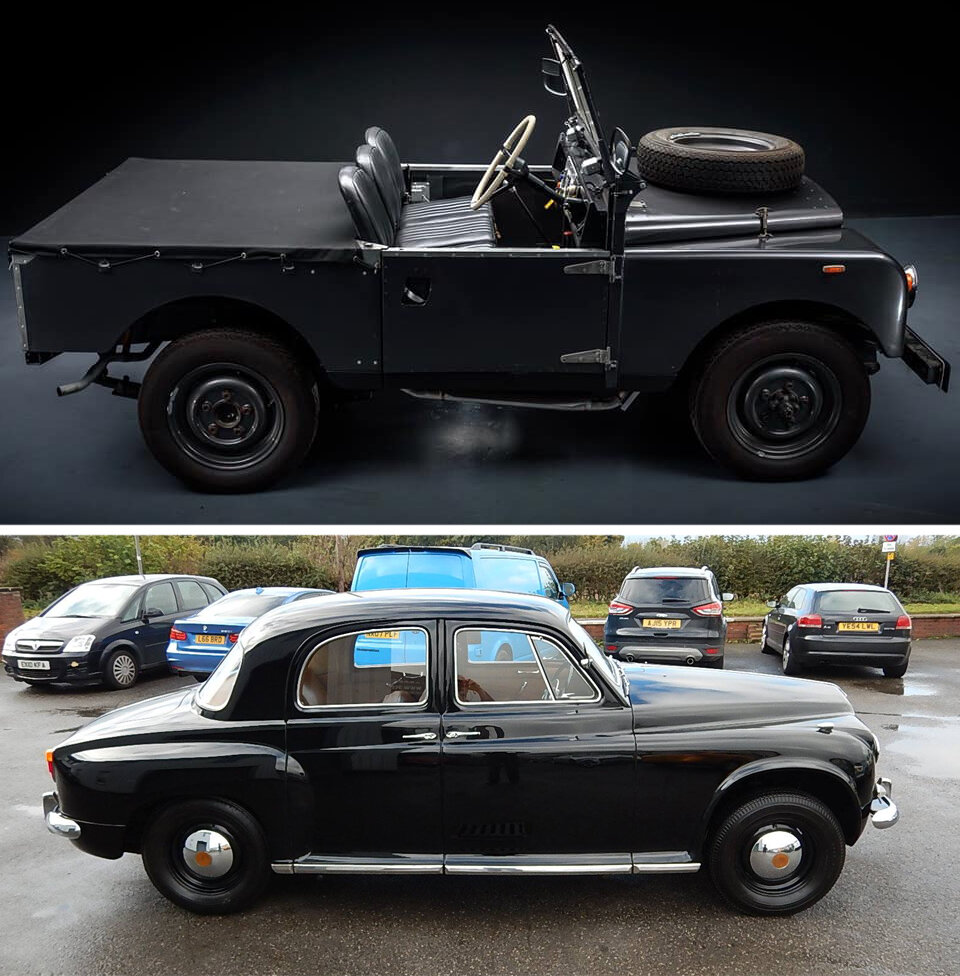 Сверху внедорожник Land Rover Series 1 (1948-1958), на нижней фотографии легковой Rover P4 (1949-1964)