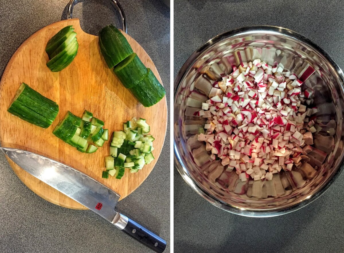 Как нарезать овощи на окрошку фото