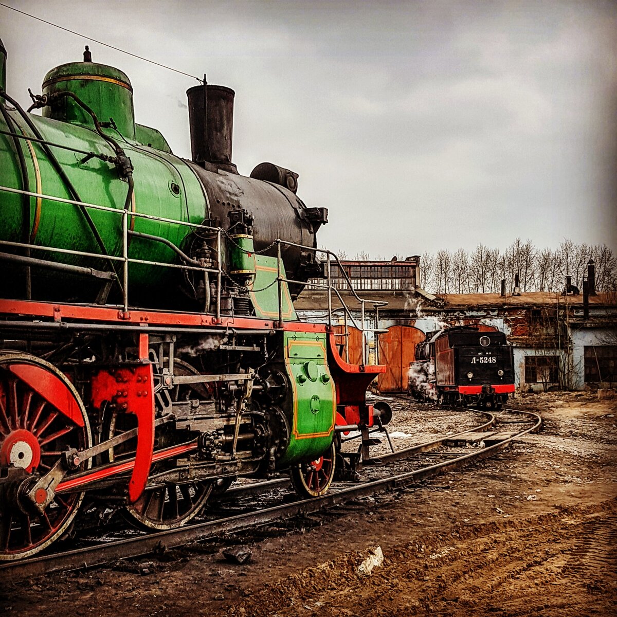 Пассажирский паровоз серии Су №250-74 на переднем плане и товарный серии Л №5248 на дальнем у веерного депо в ТЧЭ-4 Бологое. Фото: Алексей Алексеев