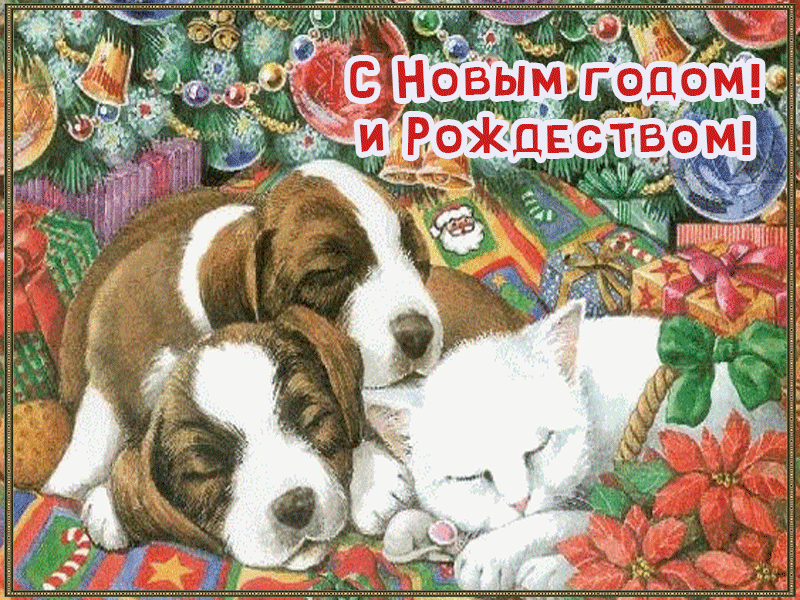 Милая новогодняя открытка с животными. Желаю мира и добра, любви и счастья, благополучия, успеха и крепкого здоровья. Пусть ангел-хранитель оберегает Вас и Ваших близких от всех бед.