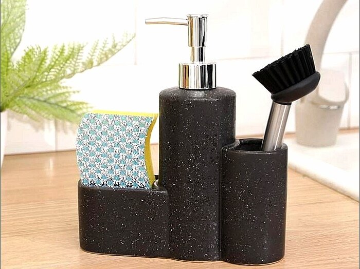 Органайзер с диспенсером керамическим для моющего средства с губкой и щеткой