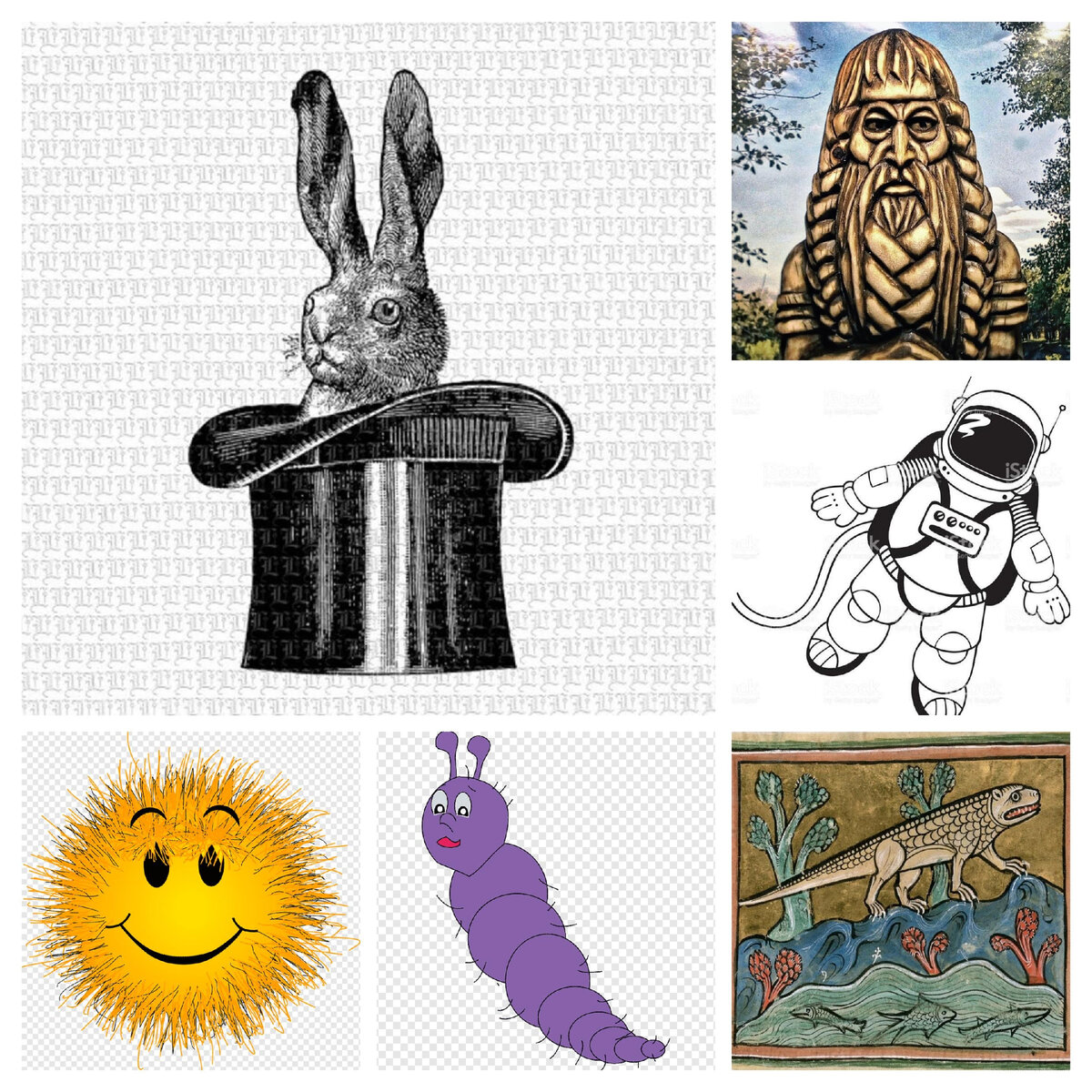 Рисунки кролика в цилиндре, космонавта, божка, гусеницы, колобка и ящера - возможно они похожи на результаты творчества Макара Илюшина по итогам мозгового штурма в детективе "Кролик мертвый, живой кролик" (снимки для коллажа взяты из открытых источников в интернете) 