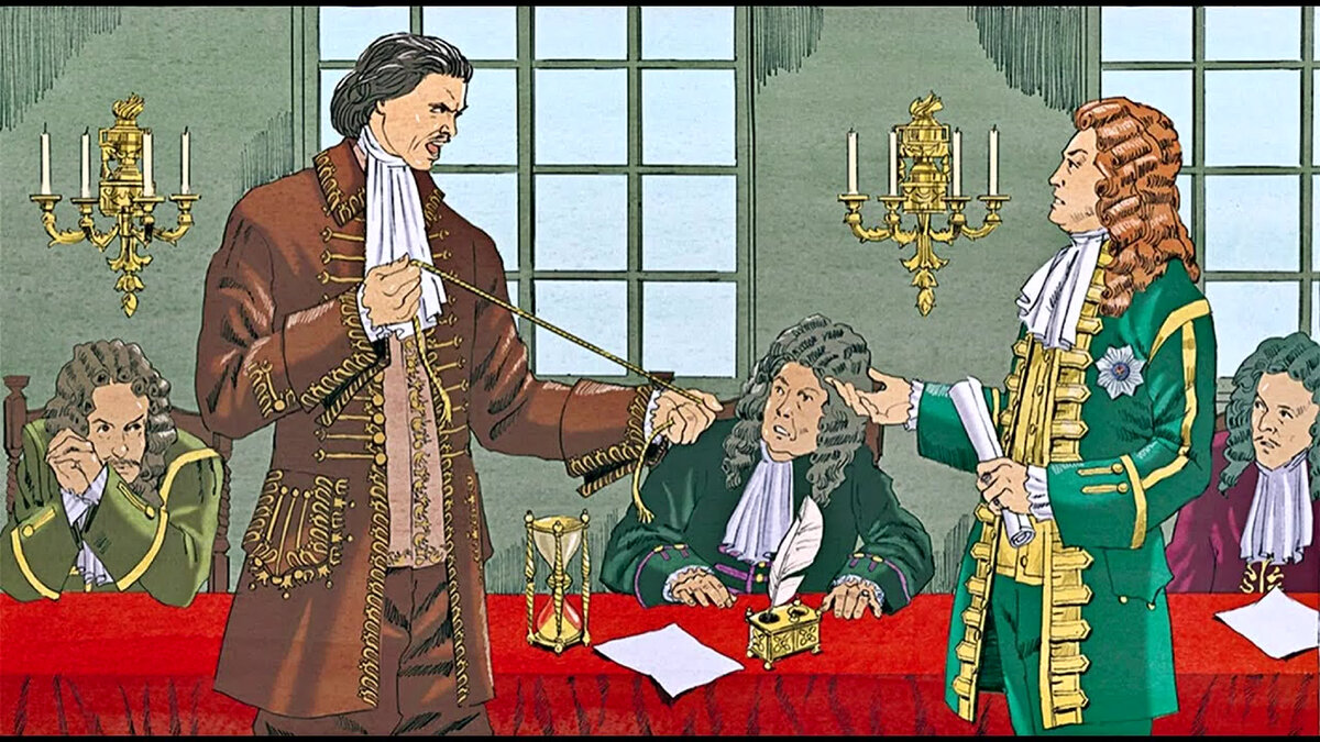 Петр Первый на заседании Сената слушает доклад генерал-прокурора П.И. Ягужинского о казнокрадах (из открытых источников)