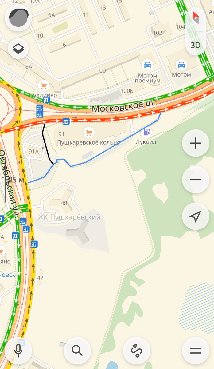  Часть хитрецов начинает обманывать жизнь ещё с улицы Октябрьская (синий маршрут), некоторые же, двигающиеся с Москвовского шоссе и видя пробку едут по чёрному отрезку + синий