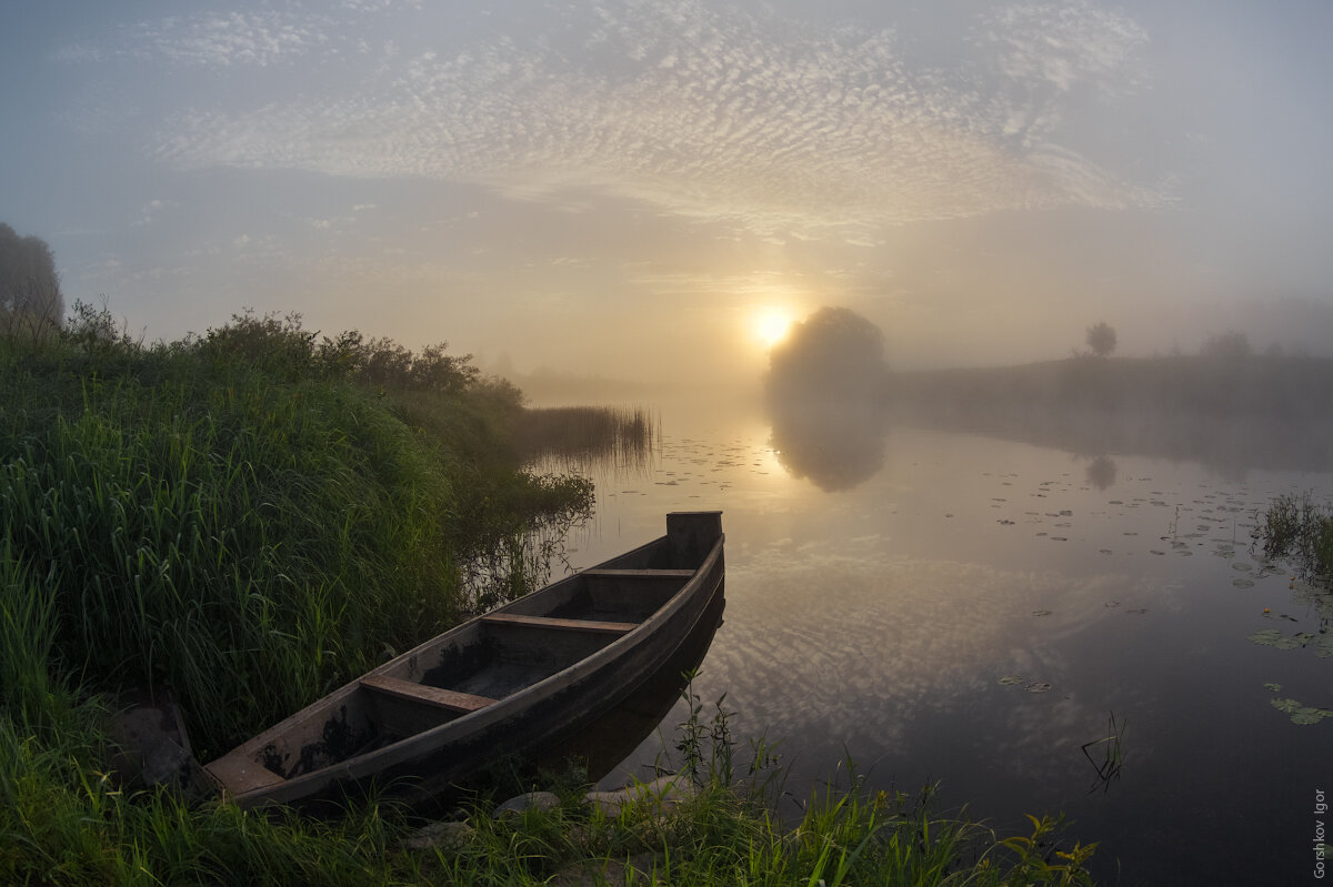 Тихие воды русский. Река лодка туман. Рассвет на реке лодка. Лодка в тумане. Утро лодка река.