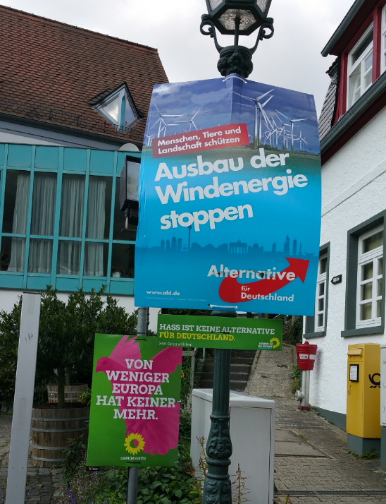  Право-популистская партия «Альтернатива для Германии» предостерегает избирателя от ветряных электростанций и рапсовых полей: они вредят людям, животным и ландшафтам. Снизу: приписка «зеленых»: «Ненависть – не альтернатива для Германии». Фото переводчика.