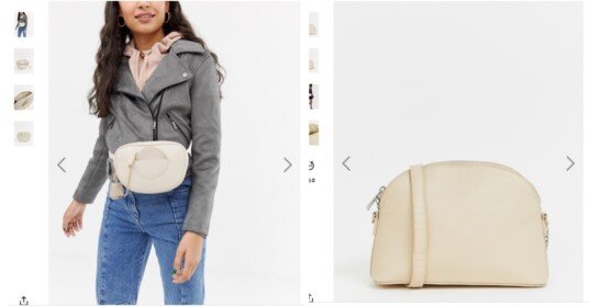 На  изображении слева легче определить размер сумочки   