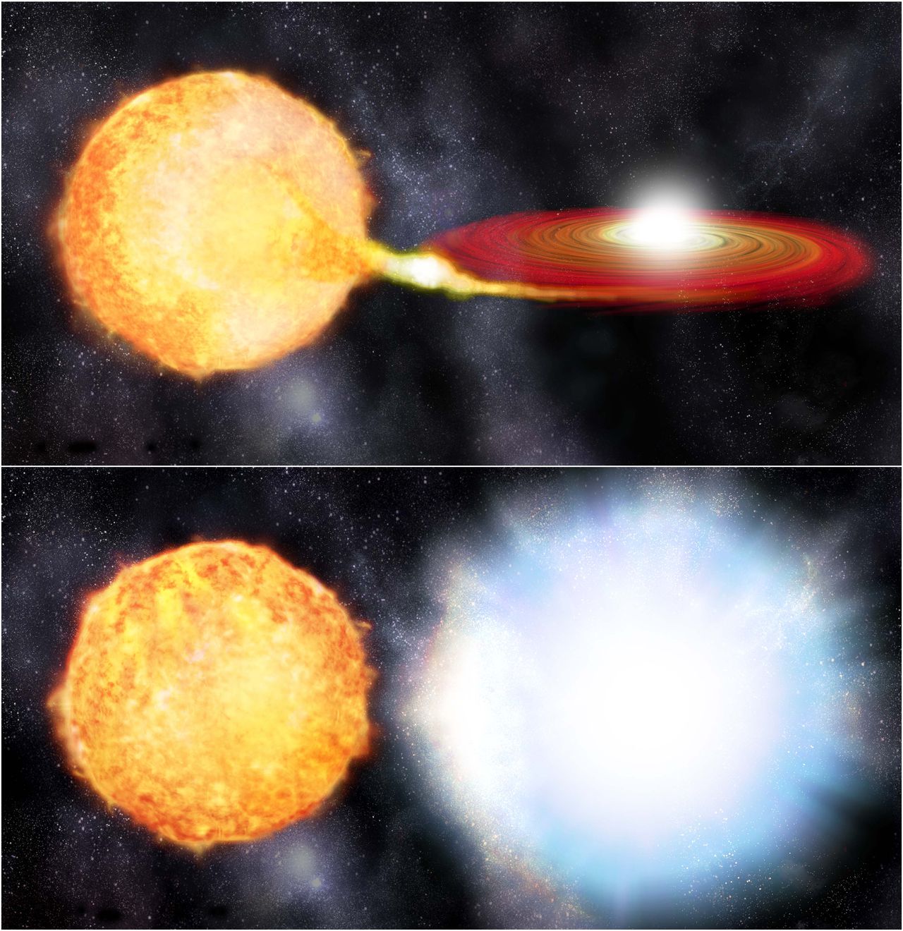 Поглощение белым карликом вещества соседней звезды, приводящее к взрыву сверхновой типа la. Источник изображения: www.nrc.nl