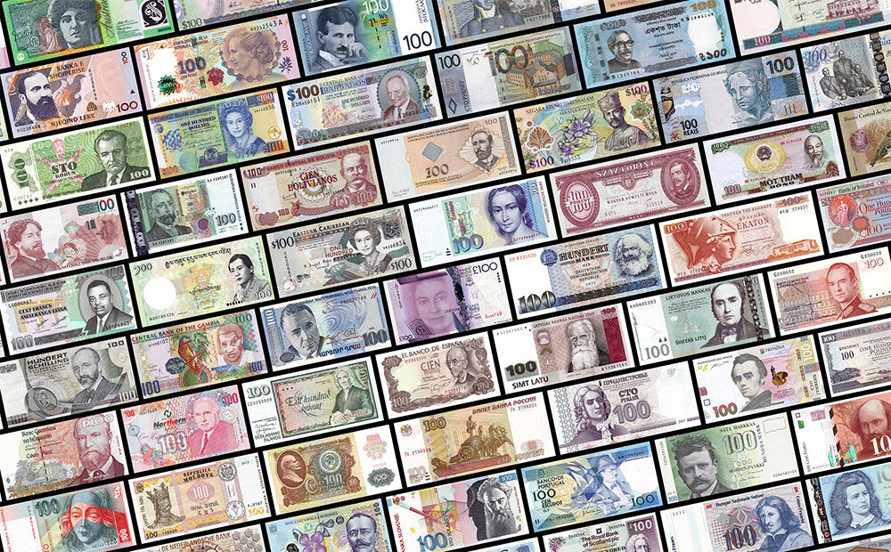 Банкноты стран мира номиналом 100 валютных единиц – рублей, гривен, долларов, франков, песо, марок, динаров и т.д.