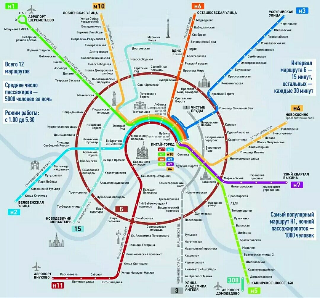 Схема ночных маршрутов москвы