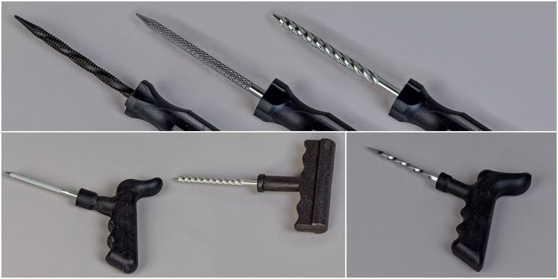 «Ковырялки» разных мастей. Удобнее те, у которых рукоятка Т‑образная. Лучше, если рабочая часть имеет вид закрученного спиралью стержня квадратного сечения. Стержень с ромбовидной накаткой чуть хуже, и совсем плох сильно зазубренный — он рвет корд. В идеале инструмент должен просто раздвинуть нити корда.