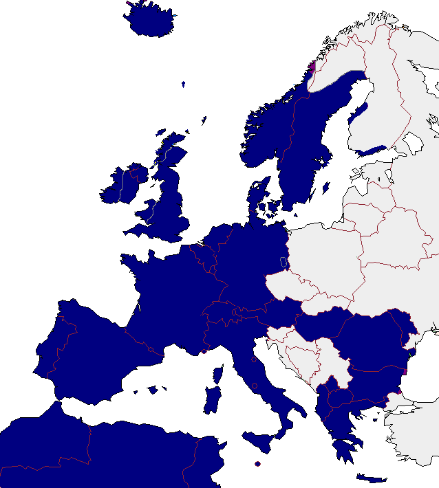 Карта распространения артиклей в Европейских языках и арабском. Серым обозначены территории, на которых артикли не используются.