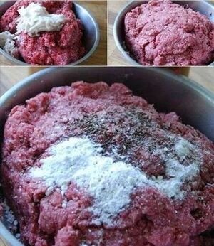     Чтобы долго не возиться, можно купить уже заправленный и смешанный фарш, но для пущей надежности лучше всего подготовить его самостоятельно. Для начала очистите зубчики чеснока, помойте их, раздавите в блюдце с помощью чесночного пресса, очистите луковицу, помойте, нарежьте ее мелко на разделочной доске. Затем соедините свиной и говяжий фарш, посолите, поперчите, добавьте соду на кончике ножа, чеснок и лук, перемешивайте около 5 минут, подливая минеральную воду. Фарш положите в холодильник минут на 10-15.   