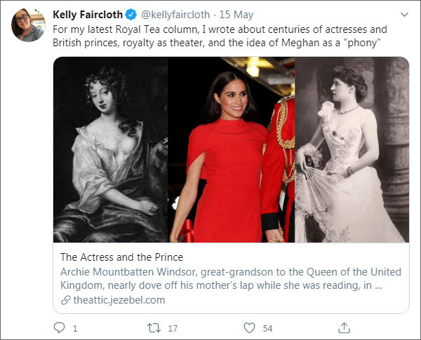 Анонс статьи в твиттере автора, Келли Фейрклот (https://twitter.com/kellyfaircloth). Интересный «логический ряд» иллюстрирующих повествование портретов женщин, куда вписали Меган :) Фото 1 — актриса XVII в. Нелл Гвин, фаворитка короля Карла II; фото 3 — Лилли Лэнгтри, актриса 