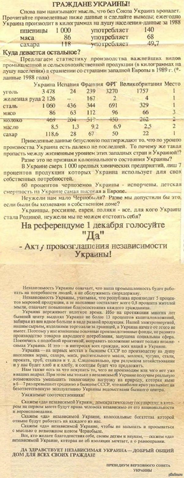  Как видно даже из агитационных листков, распространённых накануне референдума о суверенитете украины, большинство населения УССР было русскоязычным.