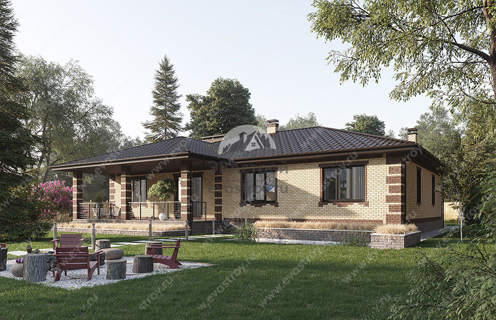 Проект квадратного одноэтажного дома 214 м2 с одноместным гаражом и террасой - SRK-15