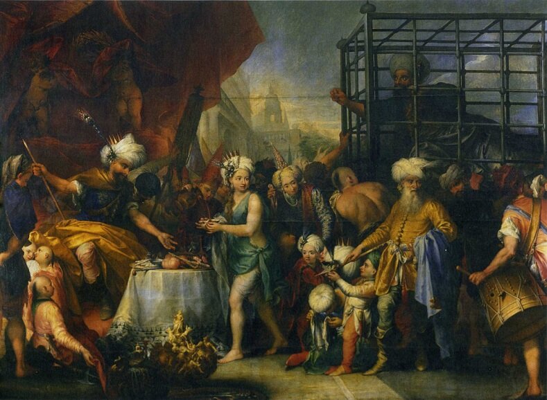 Султан Баязид в клетке у Тамерлана. Его жена прислуживает врагам