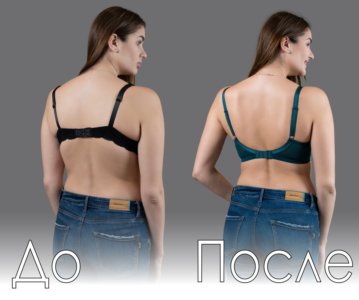 Неправильный лифчик и правильный! 1) чашка мала в объеме, грудь не поместилась и сбоку создает складки 2) пояс слишком свободен и задирается наверх к лопаткам