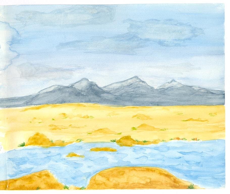 горы, смесь степи и пустыни, речушка - "из головы" (тоже Казах)