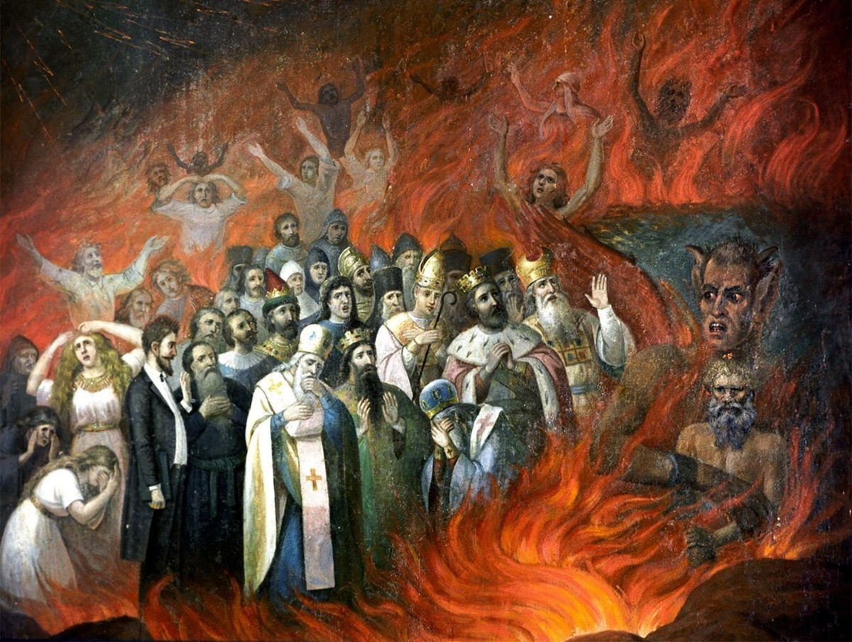 Павшие святые. Фреска Лев толстой в аду. «Лев толстой в аду». 1883 Г. Лев толстой в аду картина. Икона Лев толстой в аду.