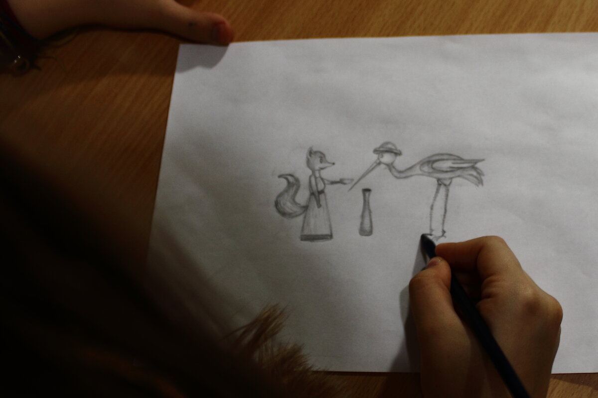 Детский рисунок к сказке "Лиса и журавль"