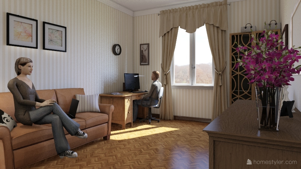 Гостиная в 3D. Вид на окно. В меню программы можно найти множество мелких деталей, которые делают интерьер обжитым и реалистичным: фоторамки, диванные подушки, вазы с цветами.