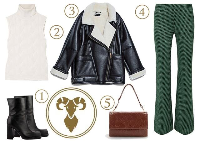 Ботильоны Sintezia, 8900 руб. 2. Топ трикотажный Chloé, 29 318 руб. 3. Дубленка Zara, 9999 руб. 4. Брюки Diane von Furstenberg, 25 574 руб. 5. Сумка Reserved, 1999 руб.