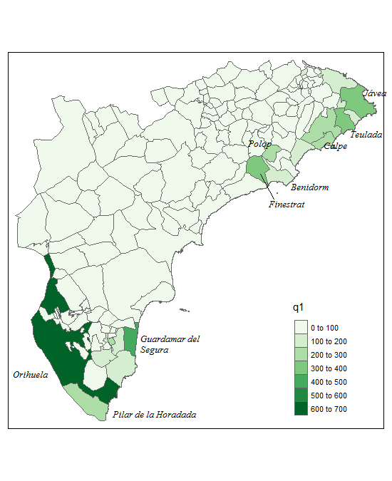 Количество проектов по строительству  вилл  в муниципалитетах Аликанте