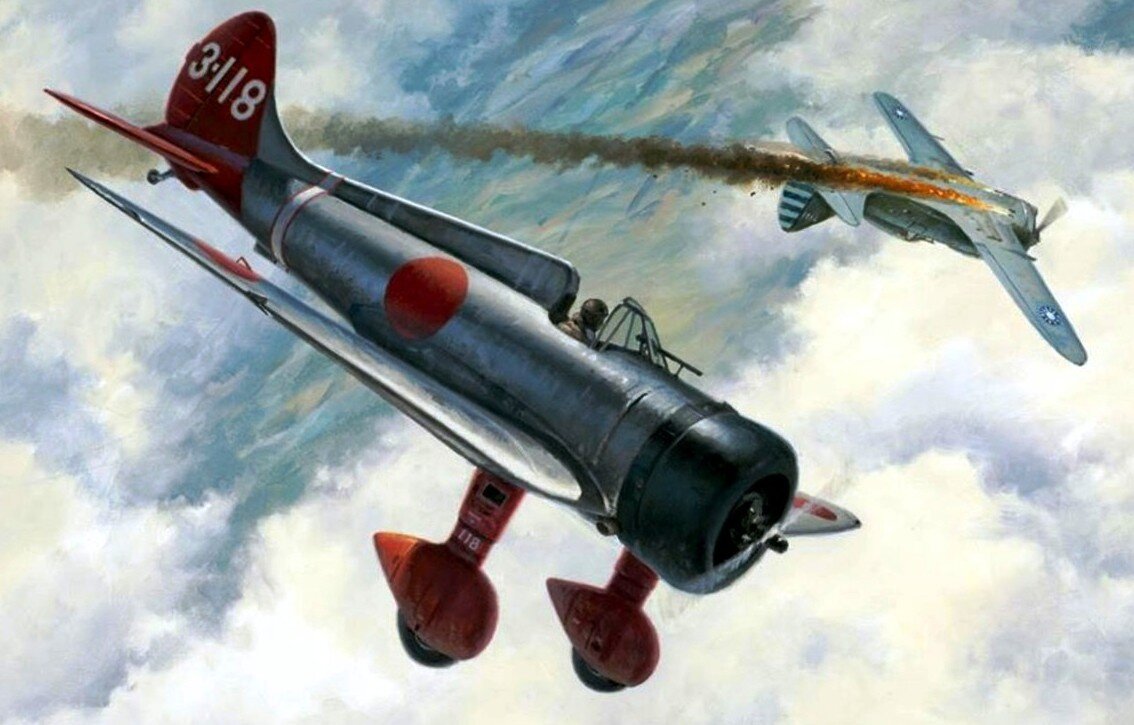 Японский корабельный истребитель Мицубиси А5М в бою.