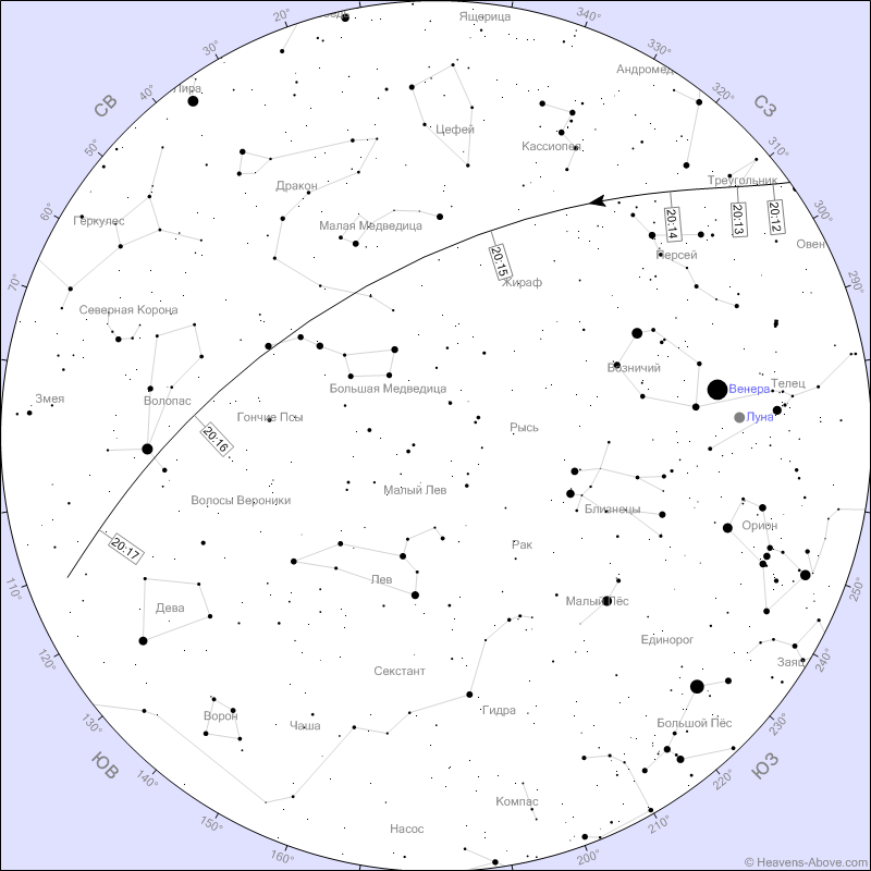 Карта для наблюдений пролета спутников Starlink над Крымом 26 апреля 2020 года. Источник - ресурс  https://www.heavens-above.com