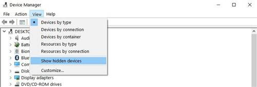 Выберите вкладку «Вид»> нажмите «Показать скрытые устройства».
