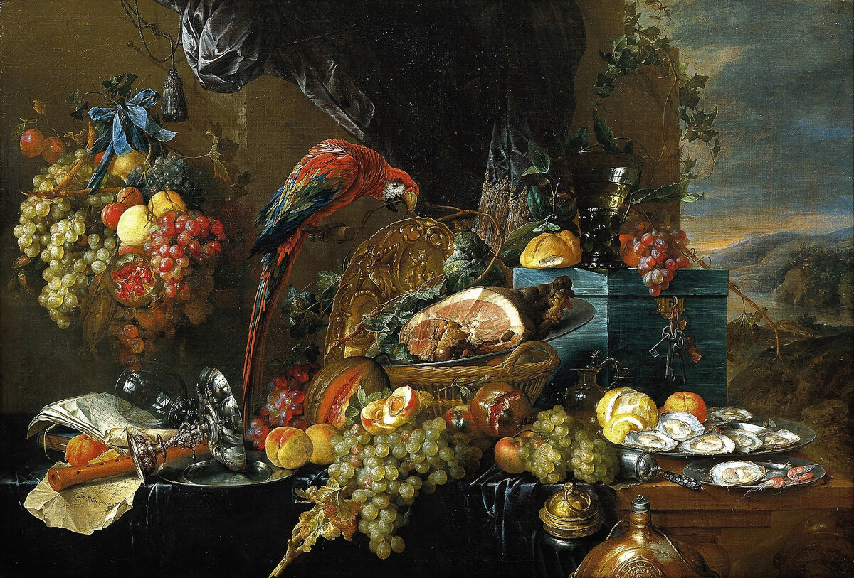 Ян Давидс де Хем, «Натюрморт с попугаем», 1650