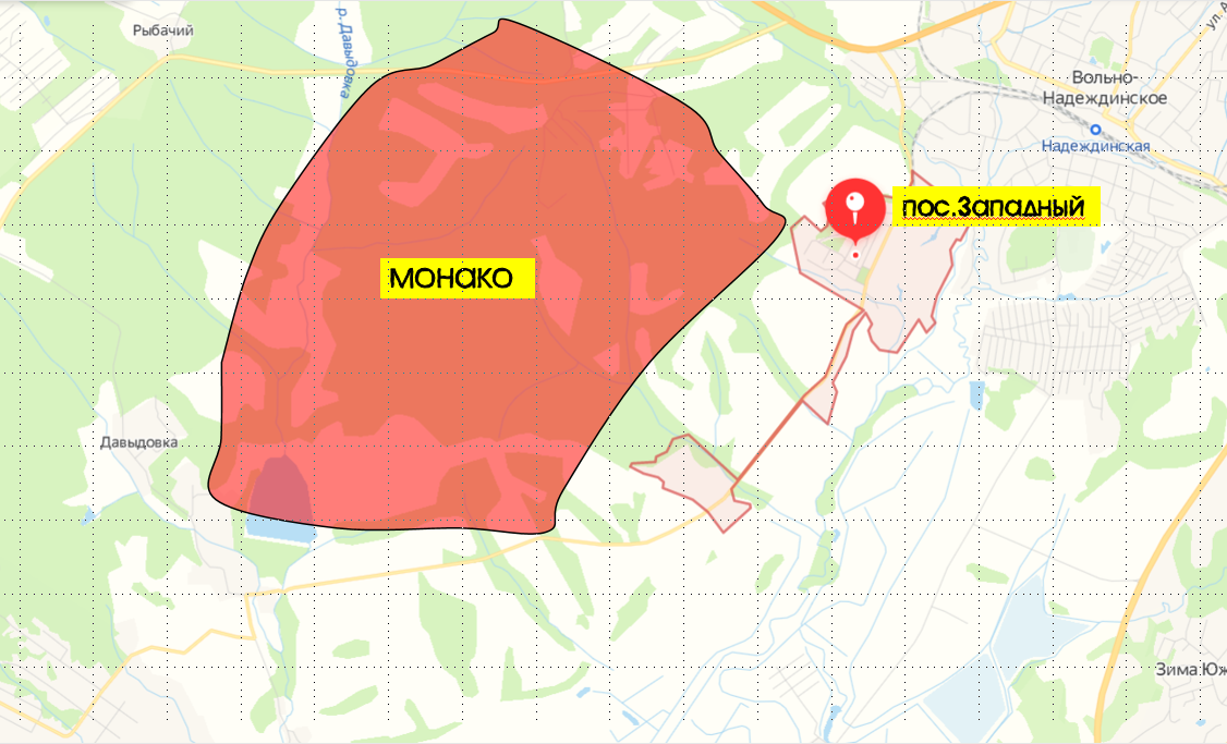 соотношение размеров Монако с поселком Западный