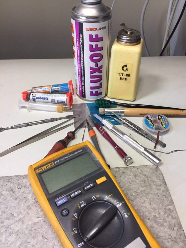 тестер, отвертки, пинцеты, флюс, припой, оплетка, лезвие, проводки, щетки, бензин, бга паста, трафарет, флюкс офф...